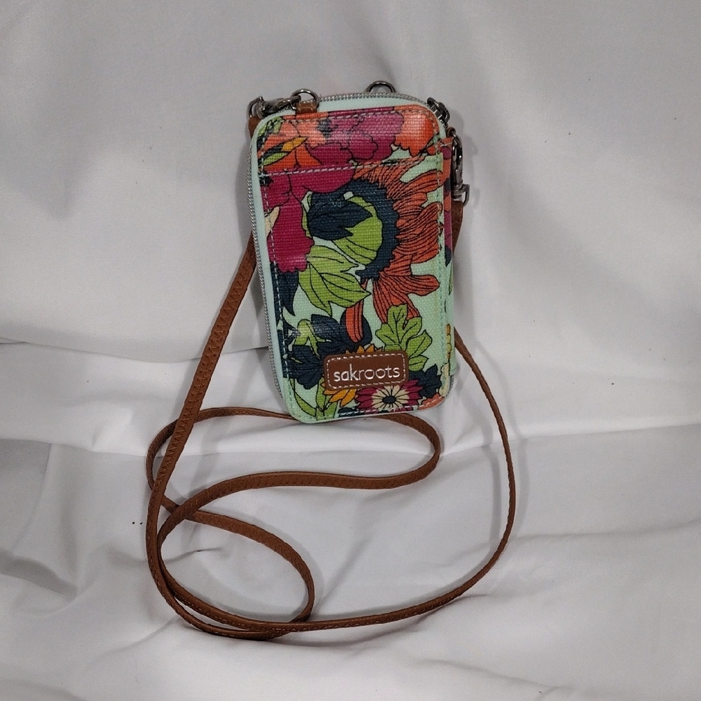 Sakroots Floral Crossbody Phone Bag in Mint, Pink, Orange, Navy & Brown